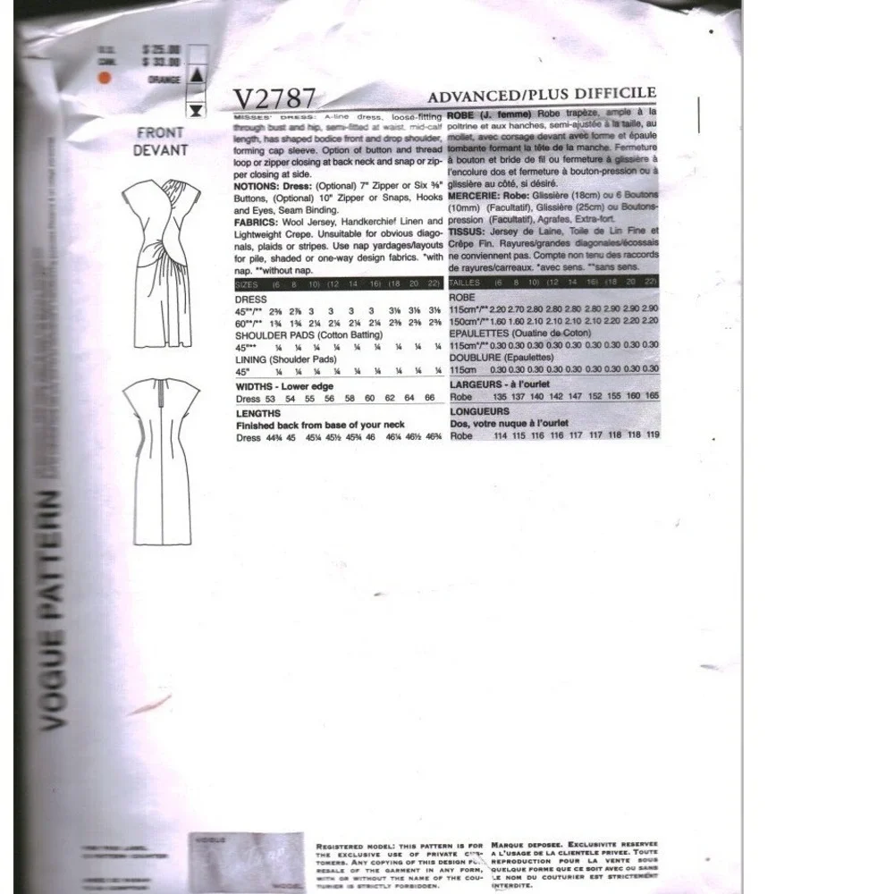 Vogue V2787 Vintage Model 1948 Original Design Misses Dress Sewing Pattern 12-16